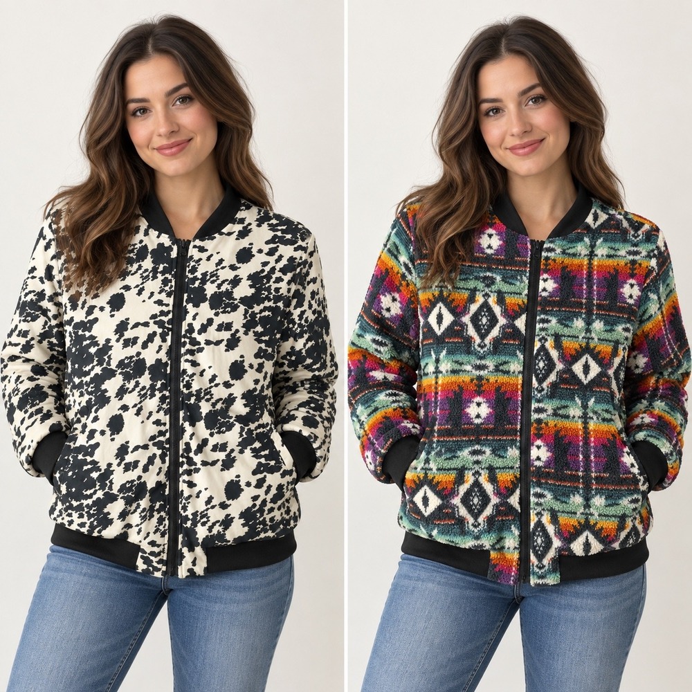 Crazy Train Reversible Cow Print Southwestern Sherpa Bomber Jacket Medium